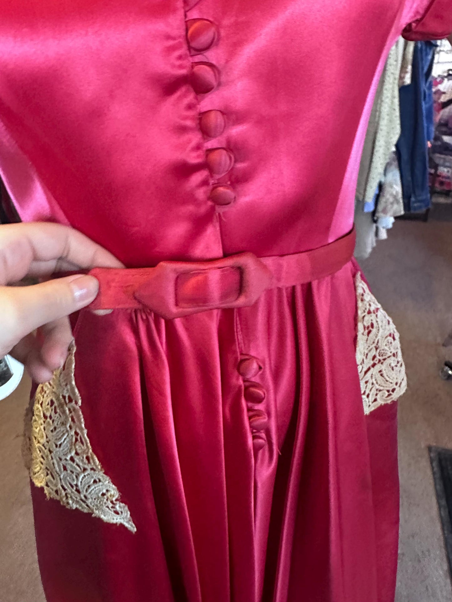 Vintage 1940's Rare Hot Pink Liquid Satin and Lace Button Up Dress As IS Size XS with Pockets