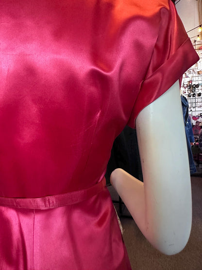Vintage 1940's Rare Hot Pink Liquid Satin and Lace Button Up Dress As IS Size XS with Pockets