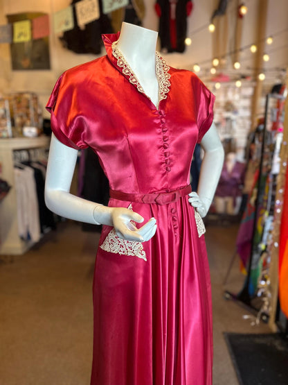 Vintage 1940's Rare Hot Pink Liquid Satin and Lace Button Up Dress As IS Size XS with Pockets