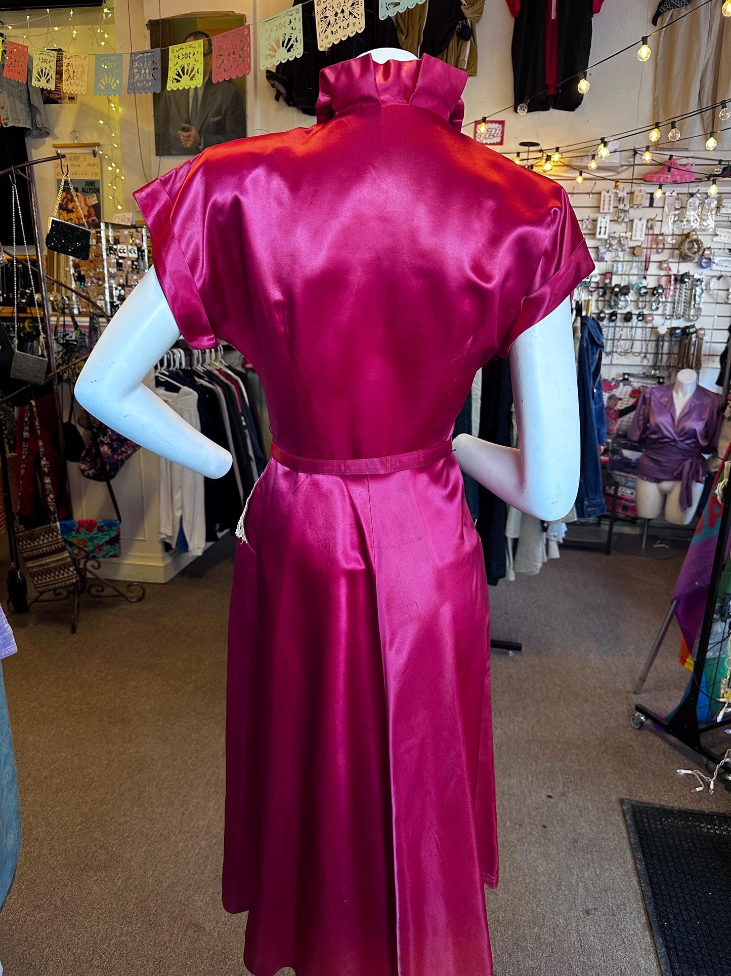 Vintage 1940's Rare Hot Pink Liquid Satin and Lace Button Up Dress As IS Size XS with Pockets