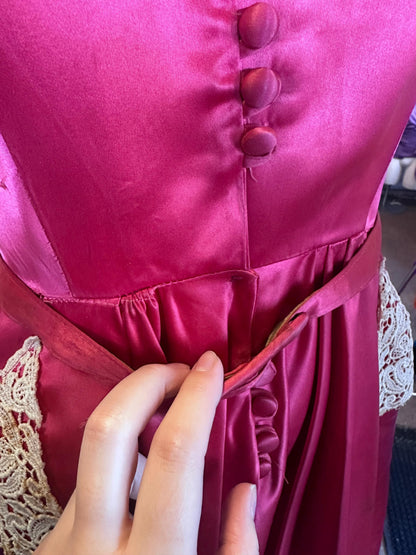 Vintage 1940's Rare Hot Pink Liquid Satin and Lace Button Up Dress As IS Size XS with Pockets