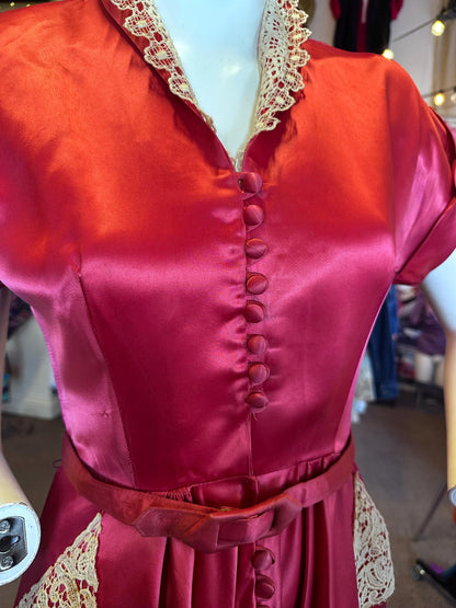 Vintage 1940's Rare Hot Pink Liquid Satin and Lace Button Up Dress As IS Size XS with Pockets