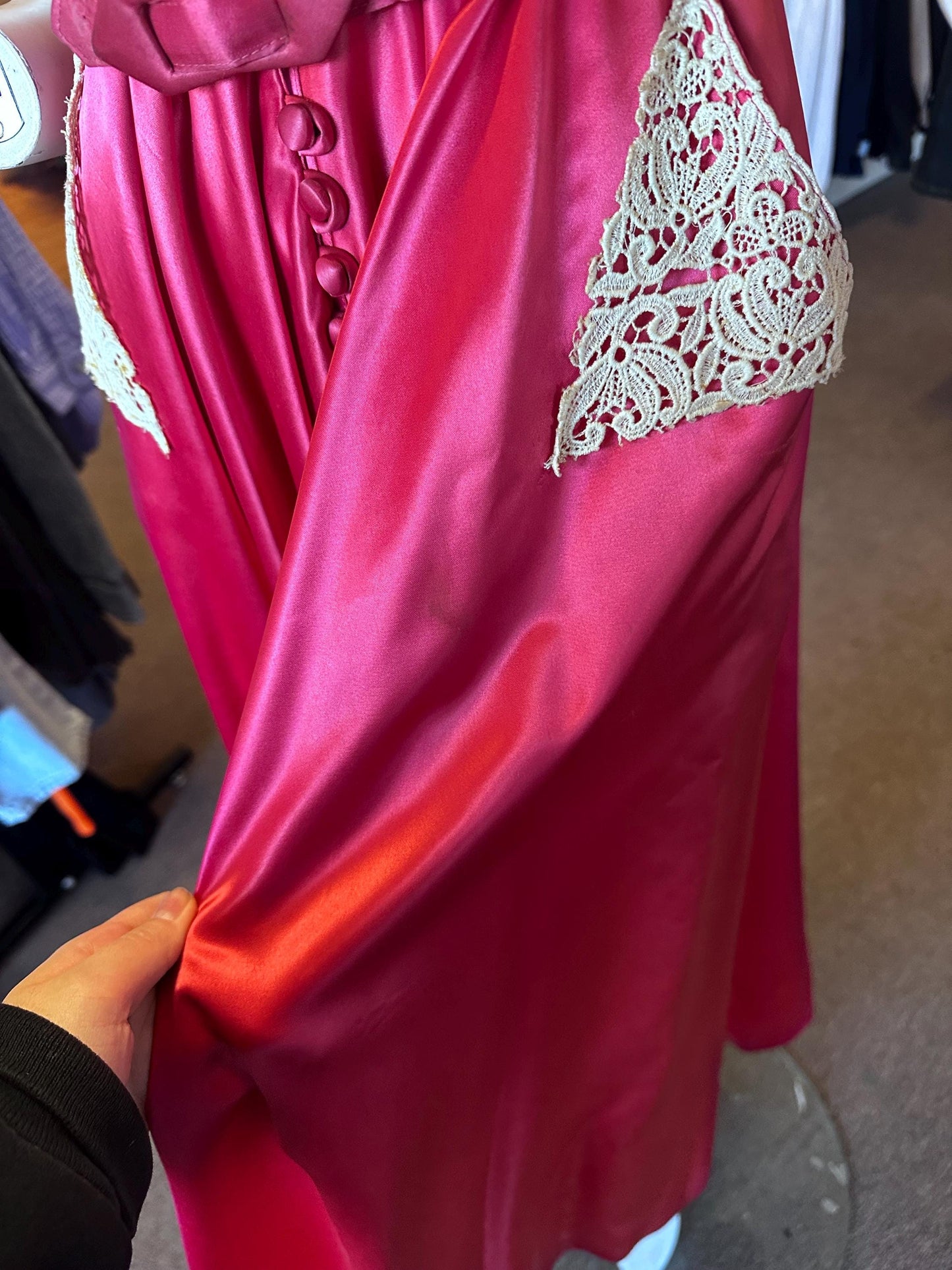 Vintage 1940's Rare Hot Pink Liquid Satin and Lace Button Up Dress As IS Size XS with Pockets