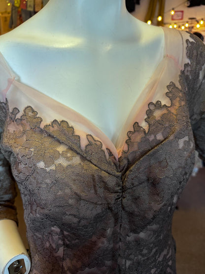 Vintage 1950's Emma Domb of California Lace Sweetheart Pink Cocktail Dress with Grey Lace
