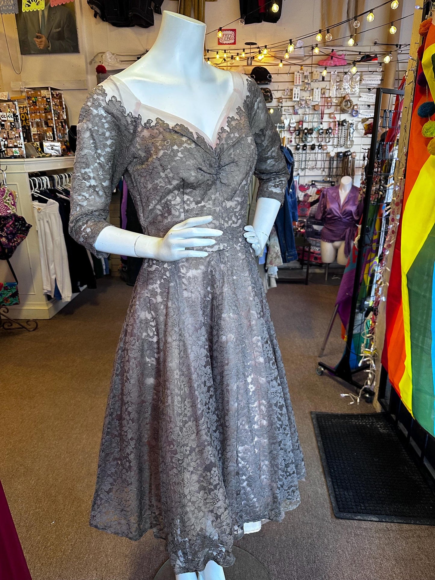 Vintage 1950's Emma Domb of California Lace Sweetheart Pink Cocktail Dress with Grey Lace