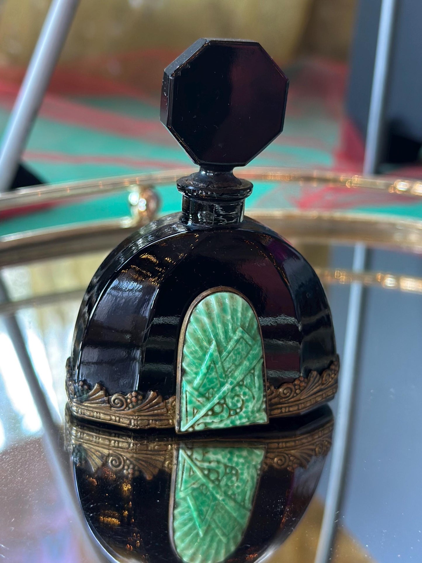 Antique 1930's RARE Czech Black Onyx Glass with Malachite Art Deco Perfume Bottle Art Noveau