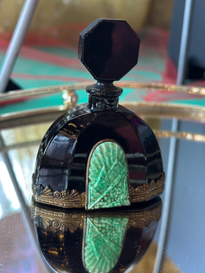 Antique 1930's RARE Czech Black Onyx Glass with Malachite Art Deco Perfume Bottle Art Noveau