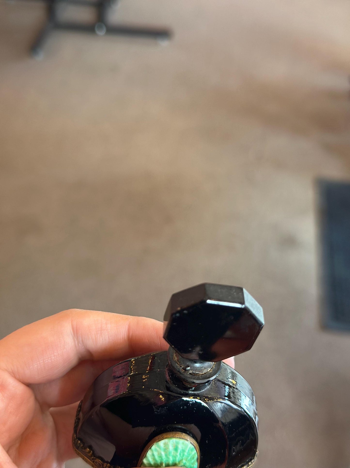 Antique 1930's RARE Czech Black Onyx Glass with Malachite Art Deco Perfume Bottle Art Noveau