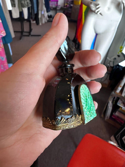 Antique 1930's RARE Czech Black Onyx Glass with Malachite Art Deco Perfume Bottle Art Noveau