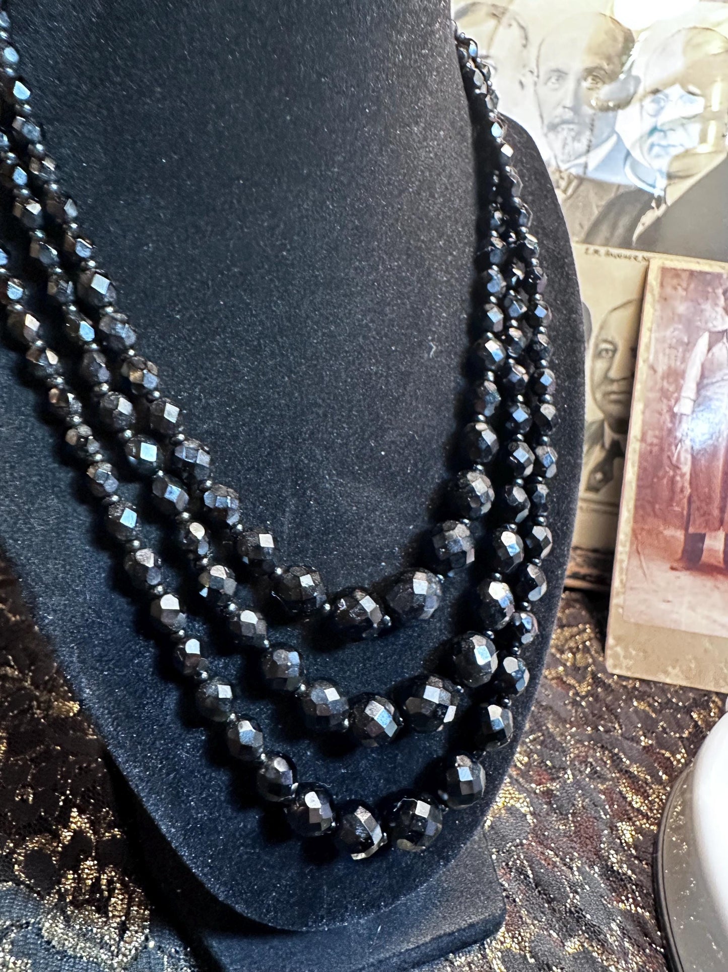 Antique Czech Handmade Glass Faceted Black Beaded Multistrand Mourning jewelry as is
