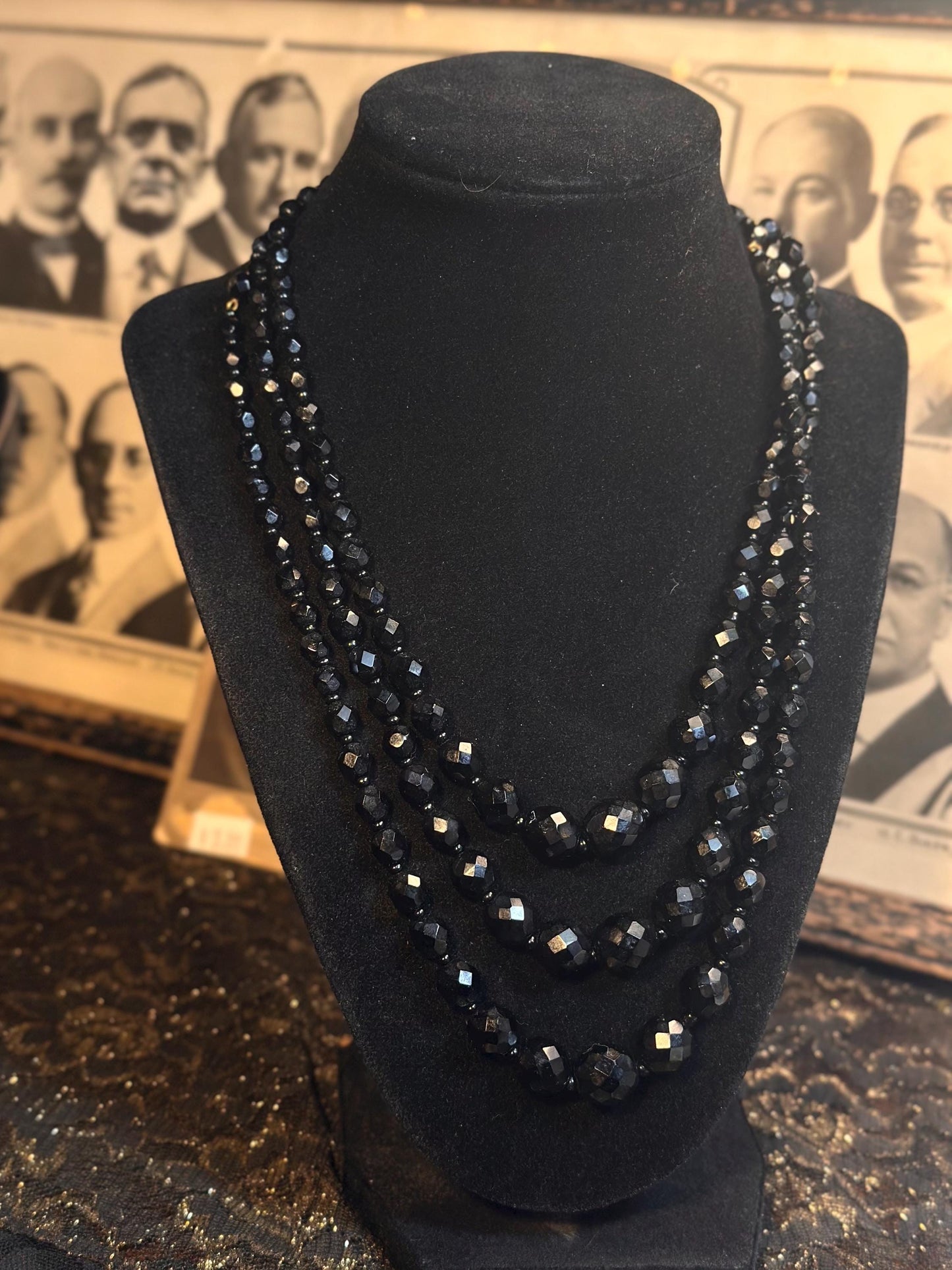 Antique Czech Handmade Glass Faceted Black Beaded Multistrand Mourning jewelry as is