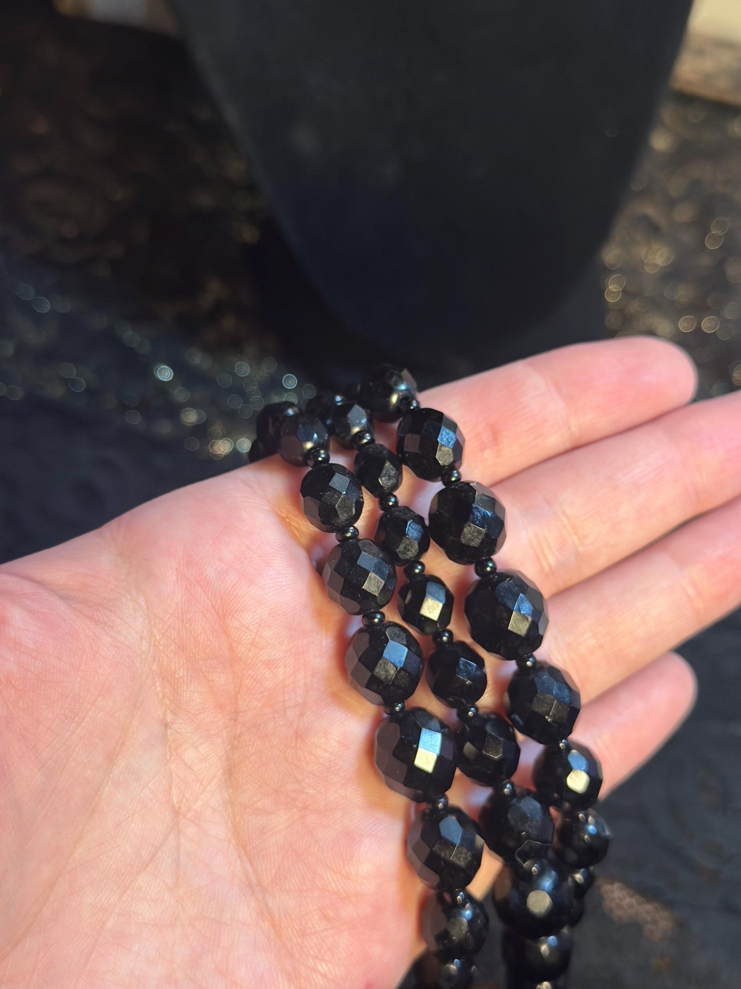Antique Czech Handmade Glass Faceted Black Beaded Multistrand Mourning jewelry as is