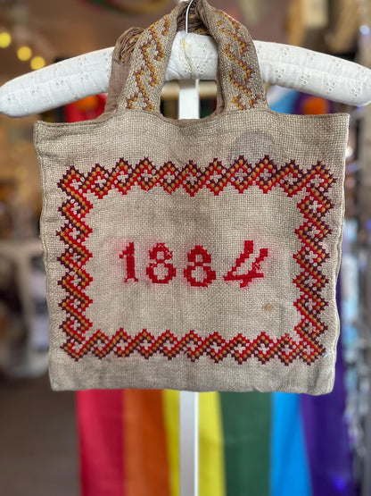 Super Rare Antique 19th Century Victorian 1884 Embroidery School Tote Purse Bag