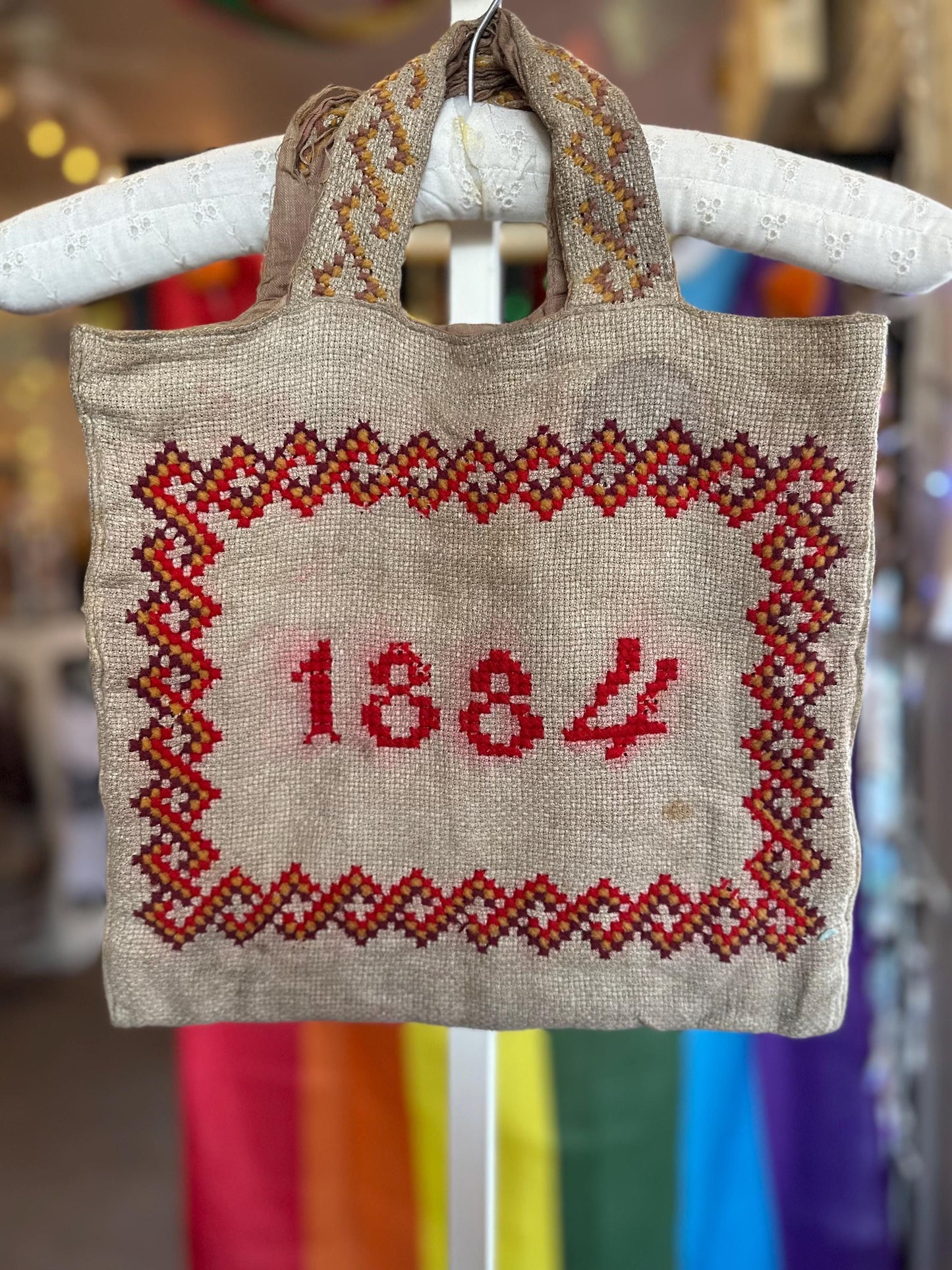 Super Rare Antique 19th Century Victorian 1884 Embroidery School Tote Purse Bag