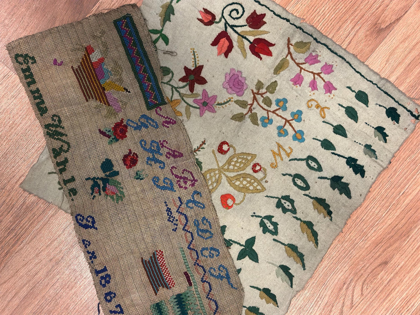 Lot of 2 Embroidery Cross Stitch ORIGINAL 1867 19th Century Antique School Examples
