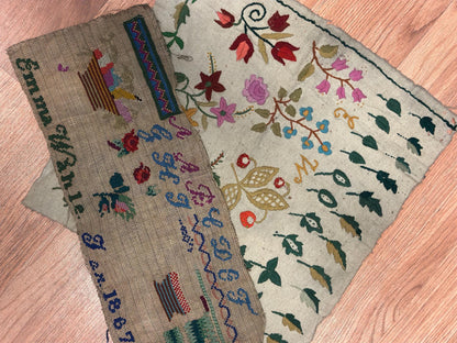 Lot of 2 Embroidery Cross Stitch ORIGINAL 1867 19th Century Antique School Examples
