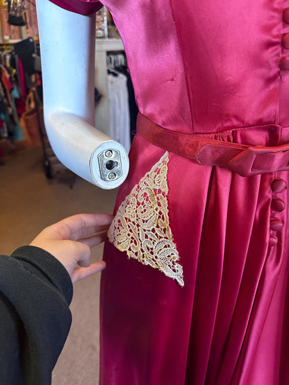 Vintage 1940's Rare Hot Pink Liquid Satin and Lace Button Up Dress As IS Size XS with Pockets
