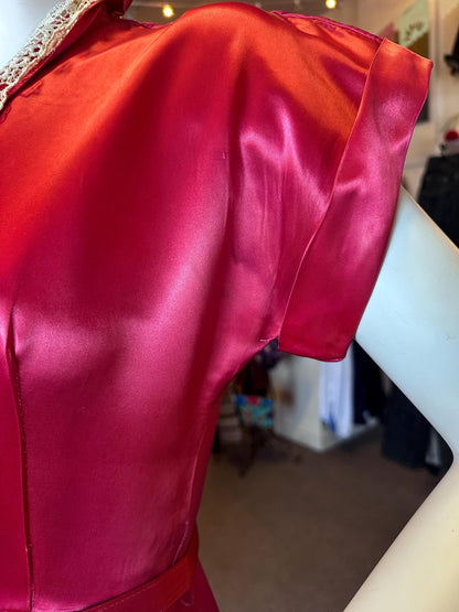 Vintage 1940's Rare Hot Pink Liquid Satin and Lace Button Up Dress As IS Size XS with Pockets