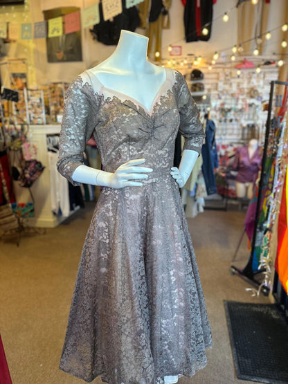 Vintage 1950's Emma Domb of California Lace Sweetheart Pink Cocktail Dress with Grey Lace