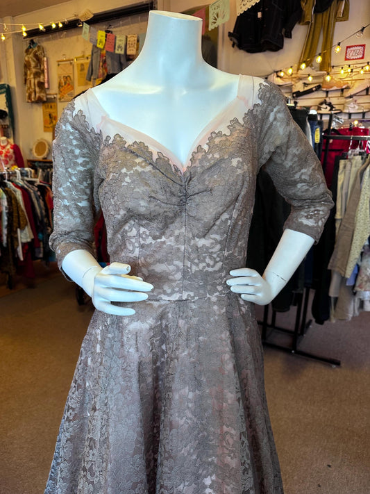 Vintage 1950's Emma Domb of California Lace Sweetheart Pink Cocktail Dress with Grey Lace