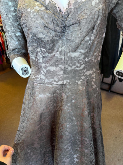 Vintage 1950's Emma Domb of California Lace Sweetheart Pink Cocktail Dress with Grey Lace