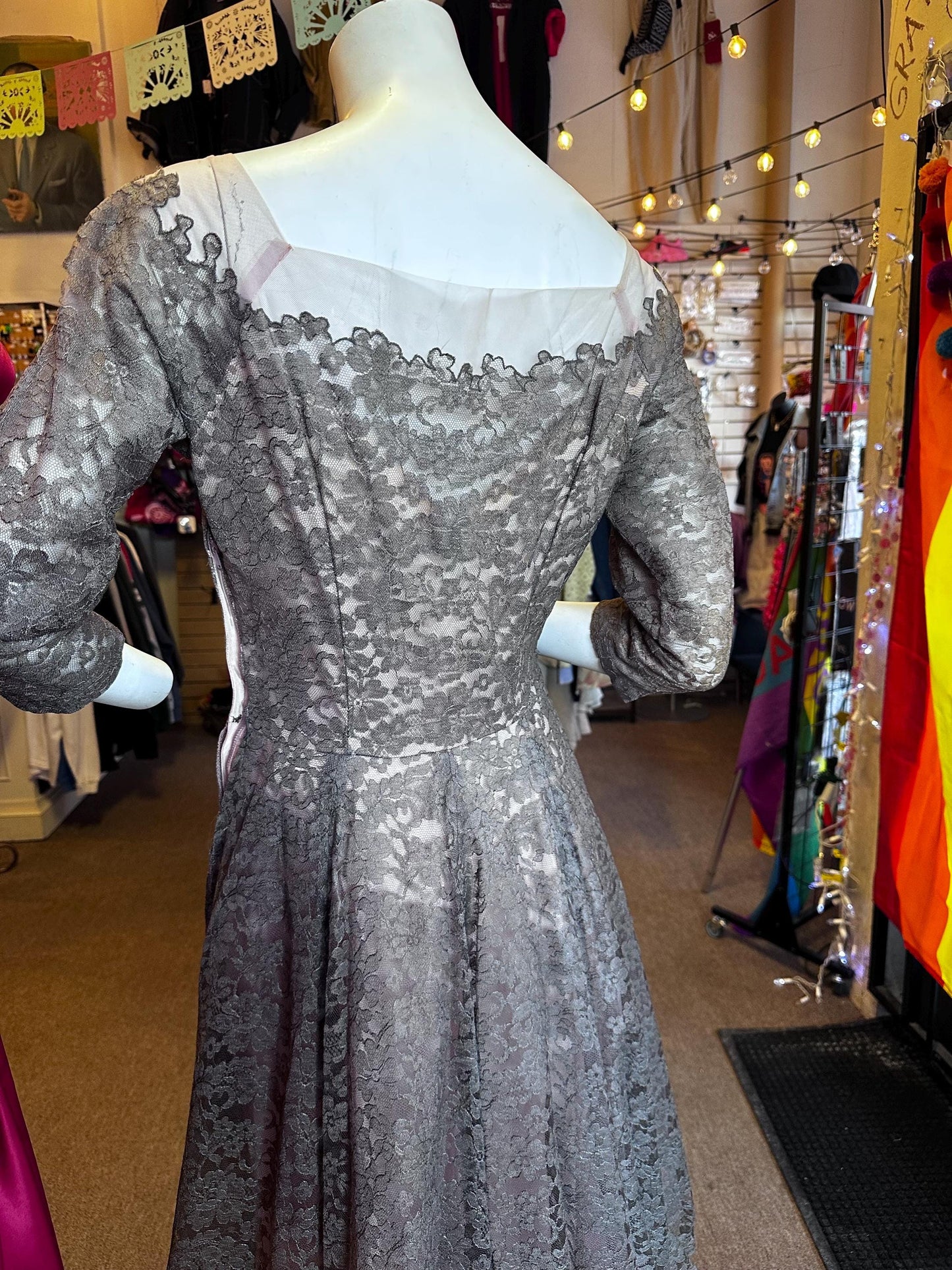 Vintage 1950's Emma Domb of California Lace Sweetheart Pink Cocktail Dress with Grey Lace