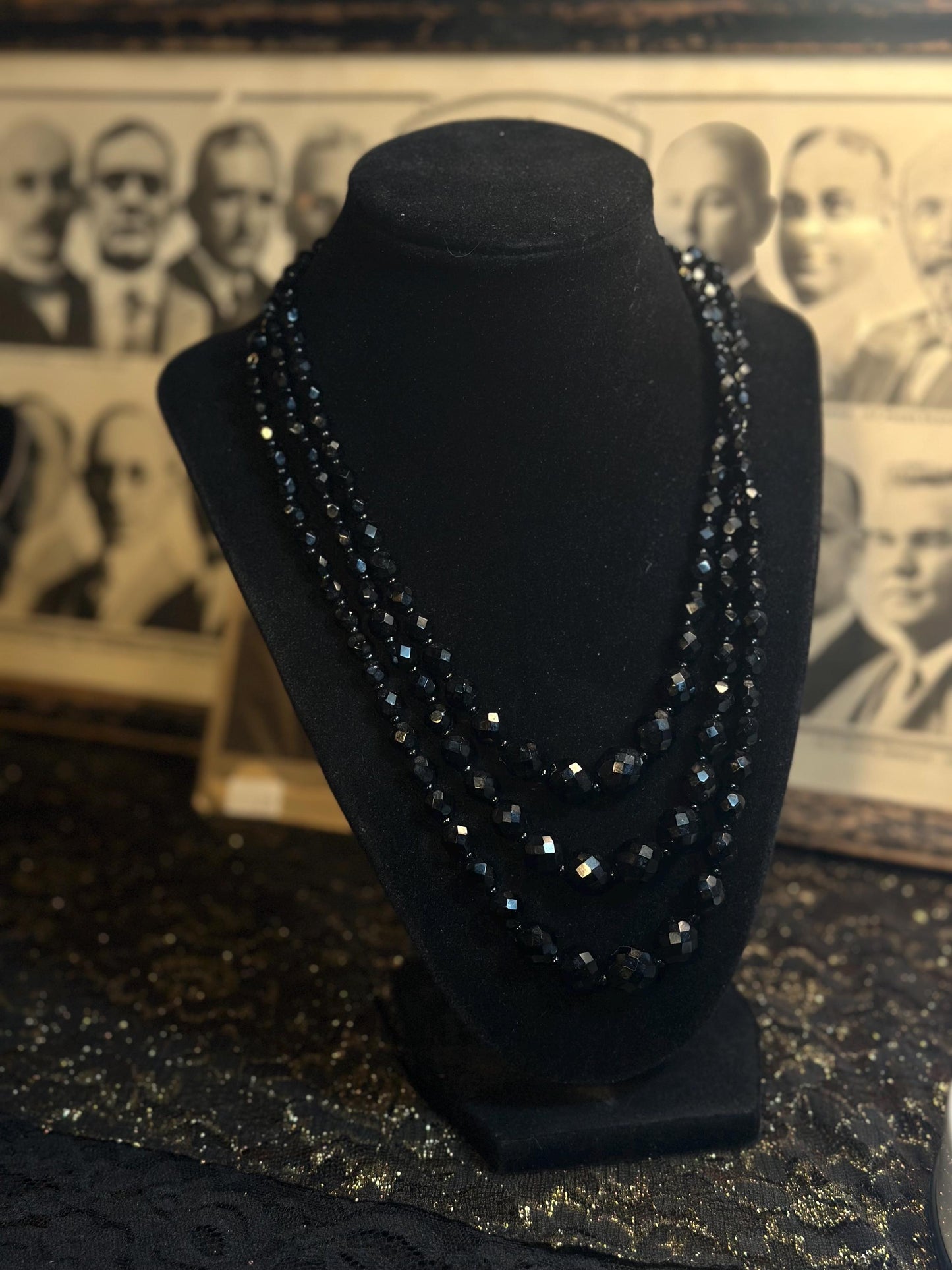 Antique Czech Handmade Glass Faceted Black Beaded Multistrand Mourning jewelry as is