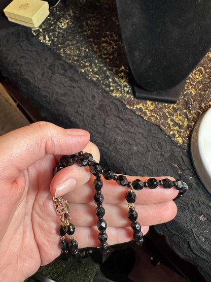 Antique Czech Handmade Glass Faceted Black Beaded Multistrand Mourning jewelry as is