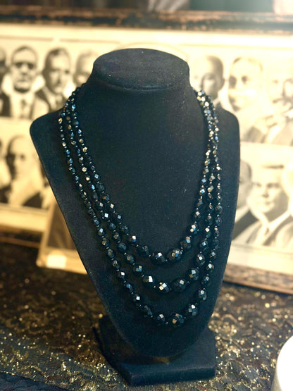 Antique Czech Handmade Glass Faceted Black Beaded Multistrand Mourning jewelry as is
