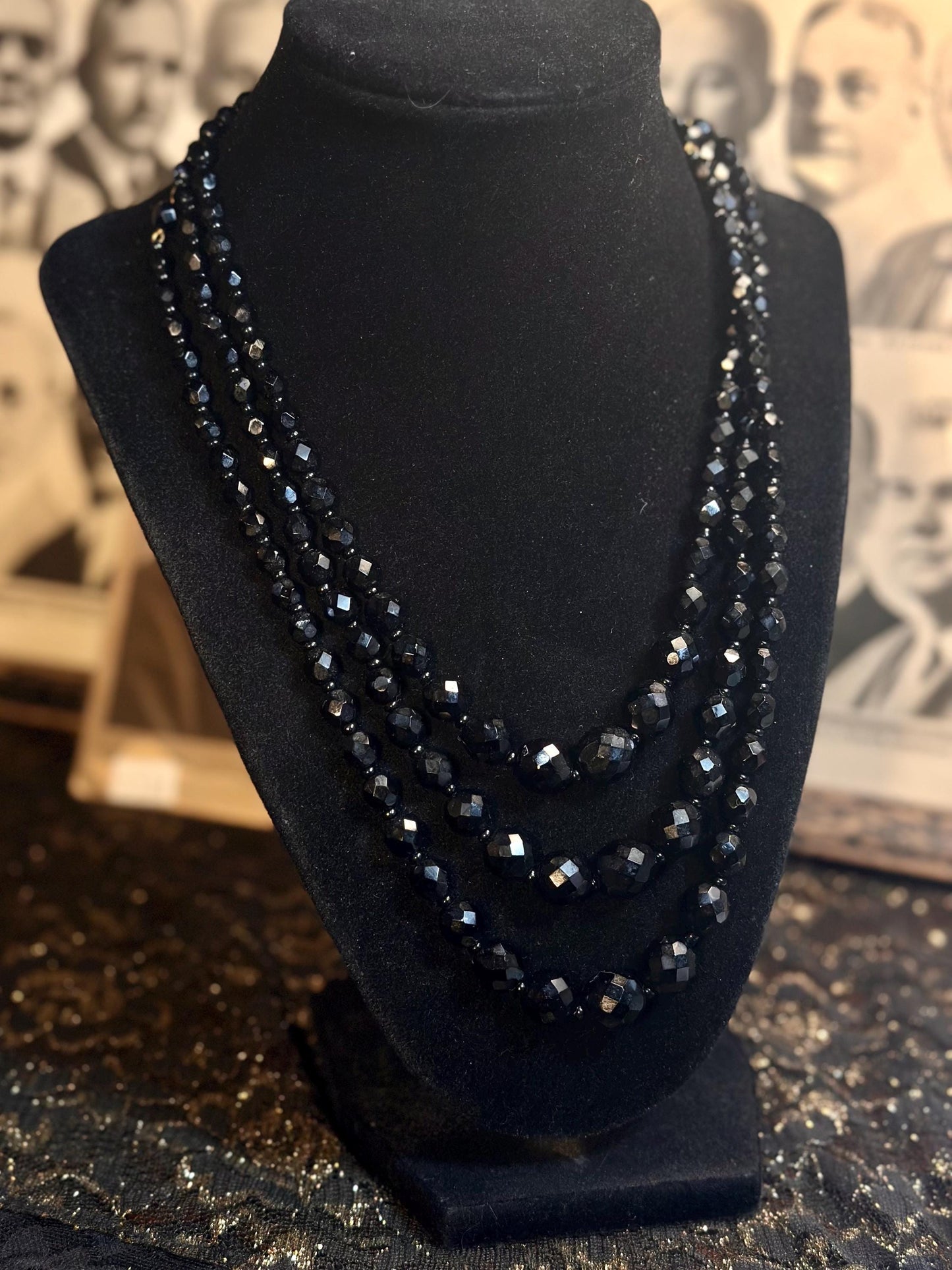 Antique Czech Handmade Glass Faceted Black Beaded Multistrand Mourning jewelry as is