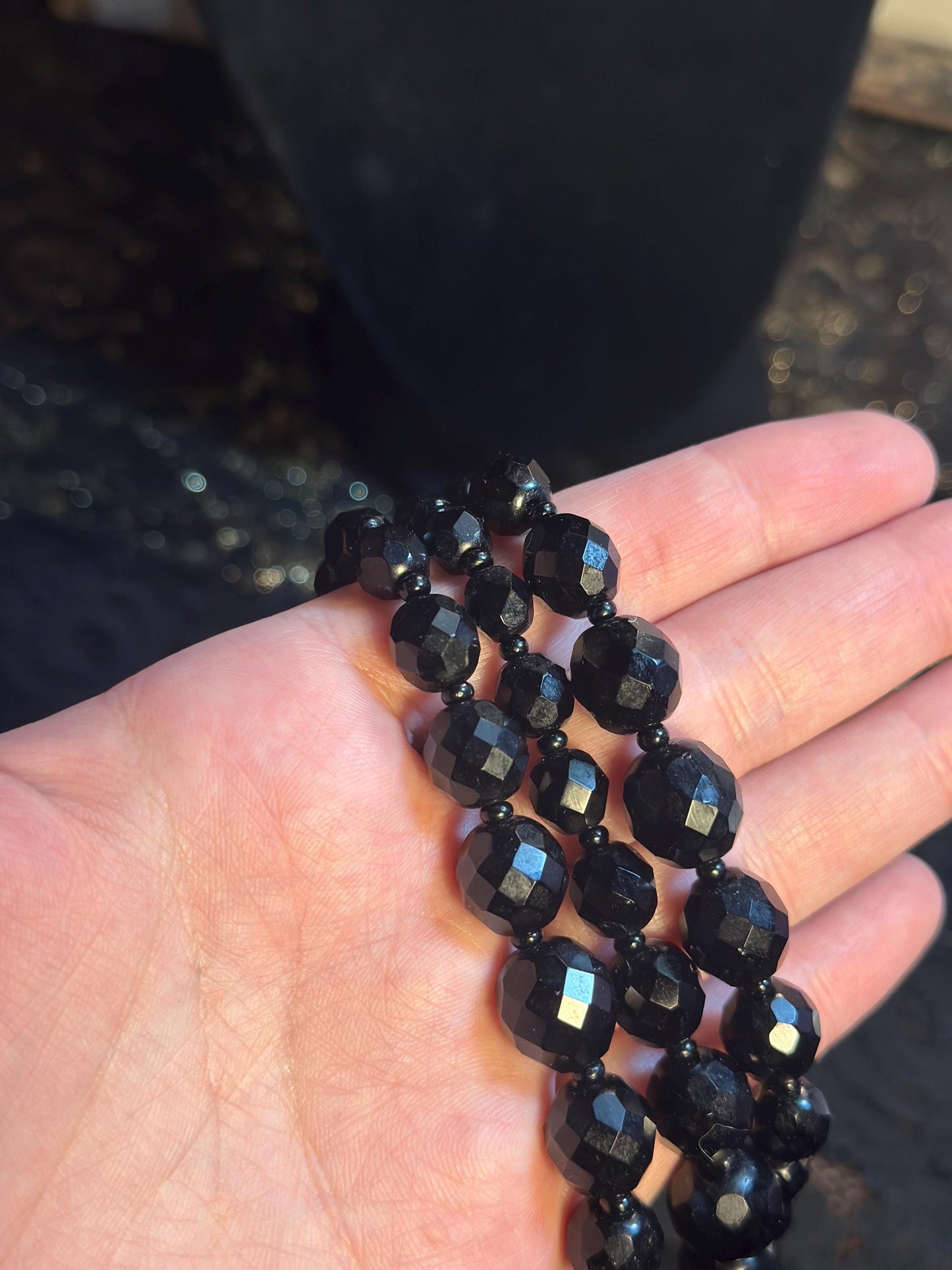 Antique Czech Handmade Glass Faceted Black Beaded Multistrand Mourning jewelry as is