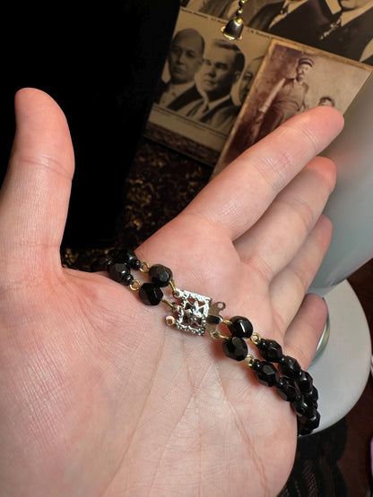 Antique Czech Handmade Glass Faceted Black Beaded Multistrand Mourning jewelry as is