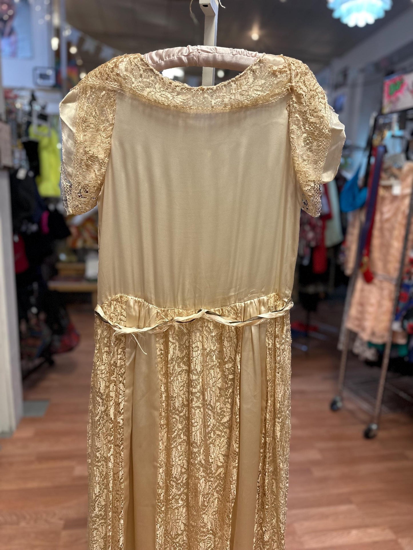 Antique Edwardian or early 1920's Vintage Silk Satin and Lace Drop Waist Flapper Wedding Dress AS IS