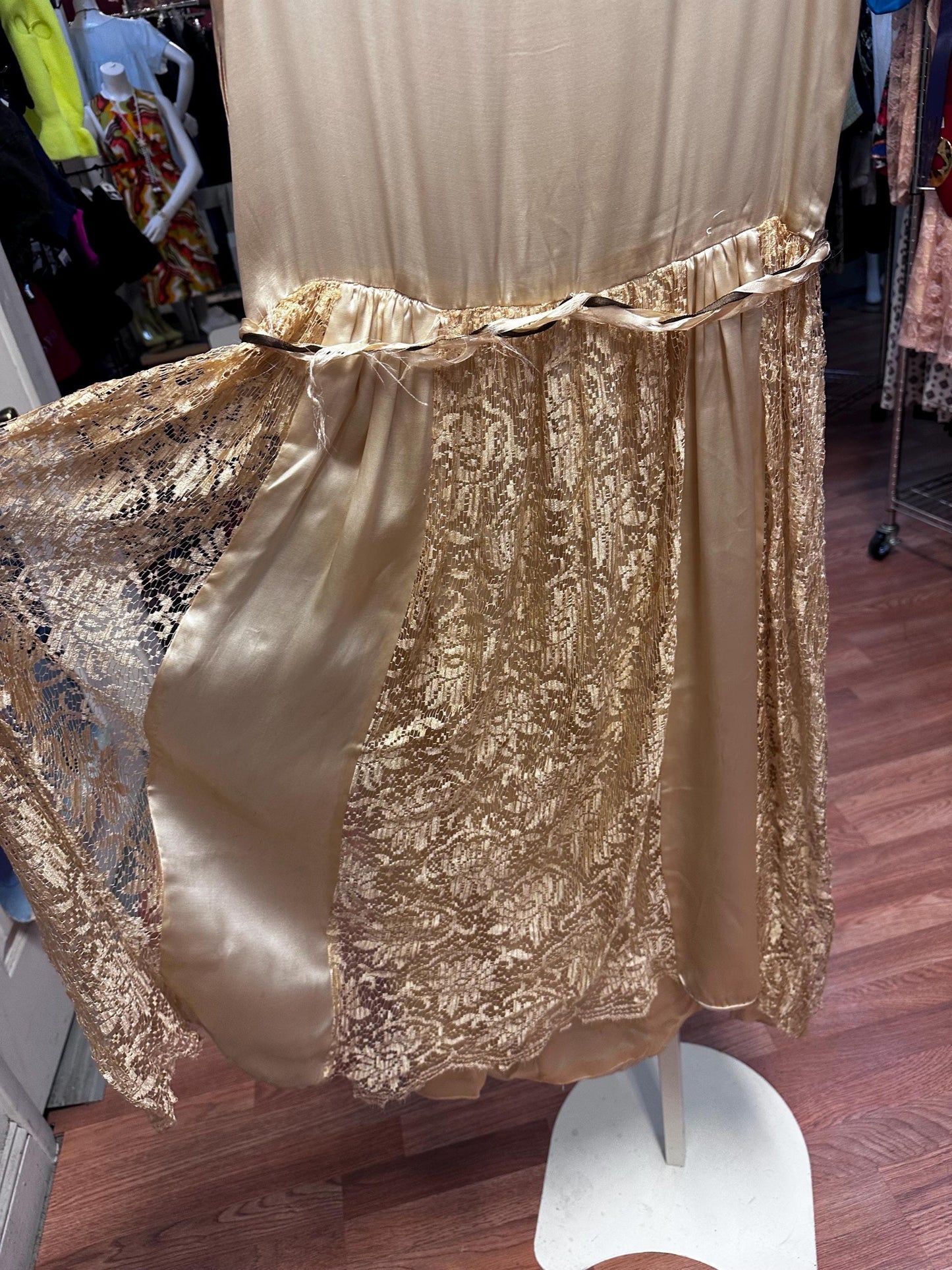 Antique Edwardian or early 1920's Vintage Silk Satin and Lace Drop Waist Flapper Wedding Dress AS IS