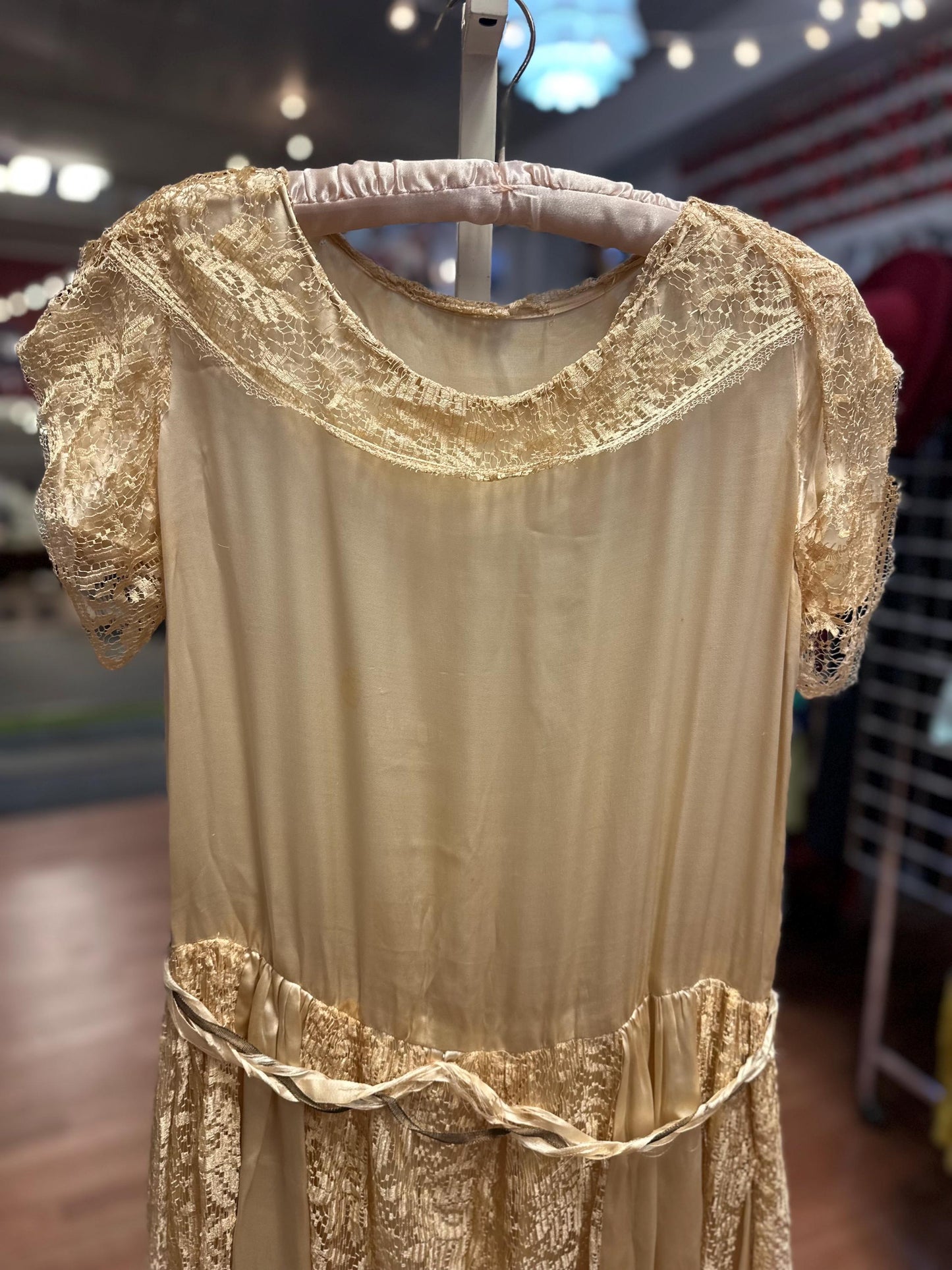 Antique Edwardian or early 1920's Vintage Silk Satin and Lace Drop Waist Flapper Wedding Dress AS IS