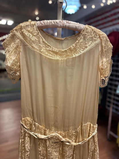 Antique Edwardian or early 1920's Vintage Silk Satin and Lace Drop Waist Flapper Wedding Dress AS IS