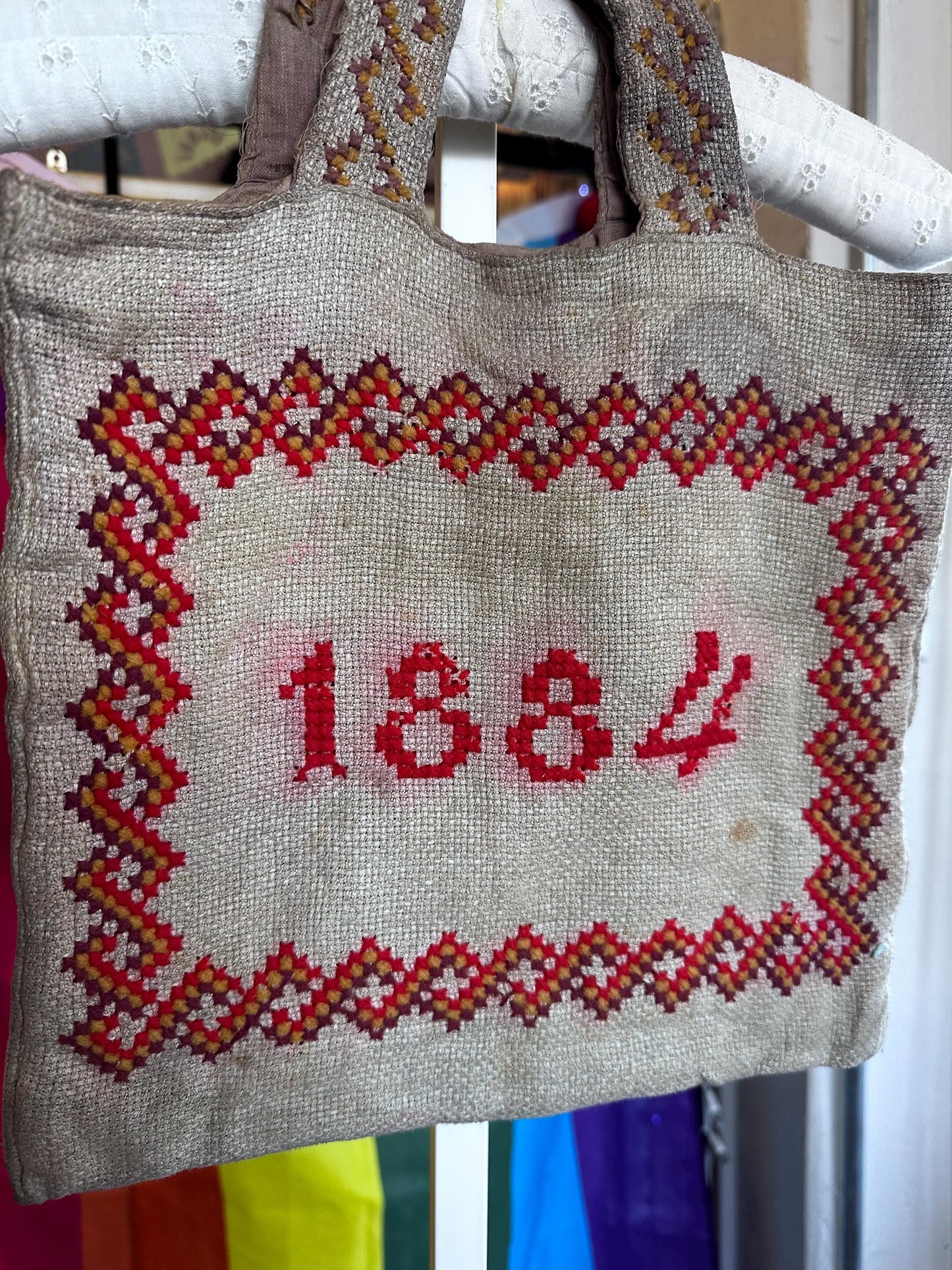 Super Rare Antique 19th Century Victorian 1884 Embroidery School Tote Purse Bag