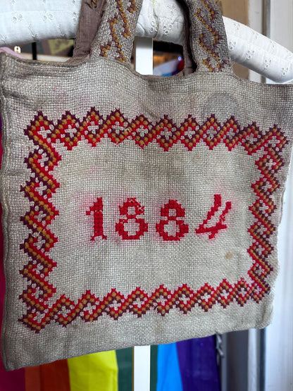 Super Rare Antique 19th Century Victorian 1884 Embroidery School Tote Purse Bag