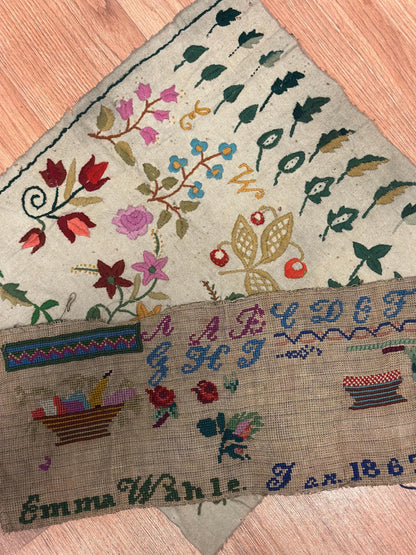 Lot of 2 Embroidery Cross Stitch ORIGINAL 1867 19th Century Antique School Examples