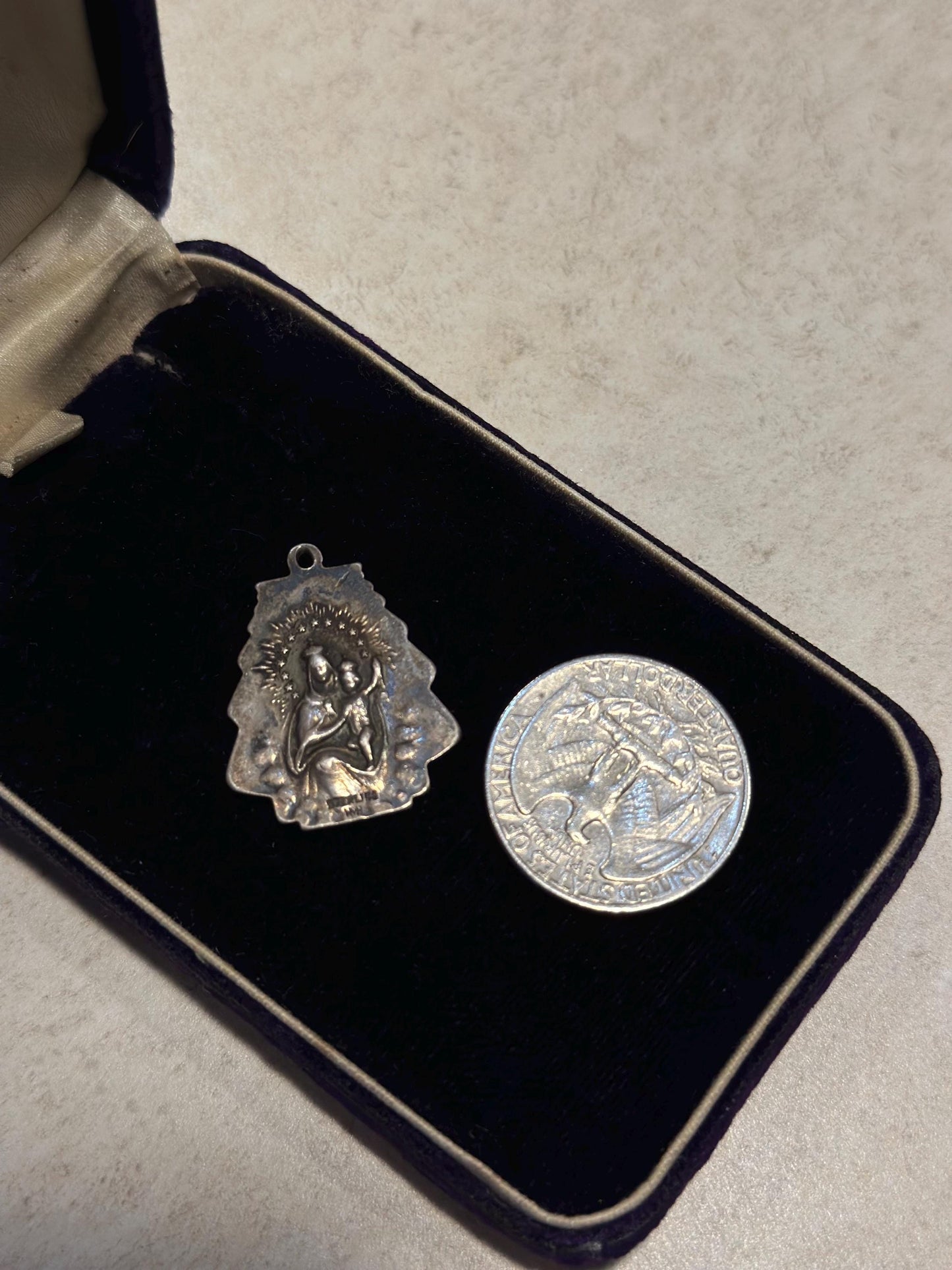 Vintage Sterling Silver Double Sided Jesus Sacred Heart Virgin Mary Pendant MCM Catholic