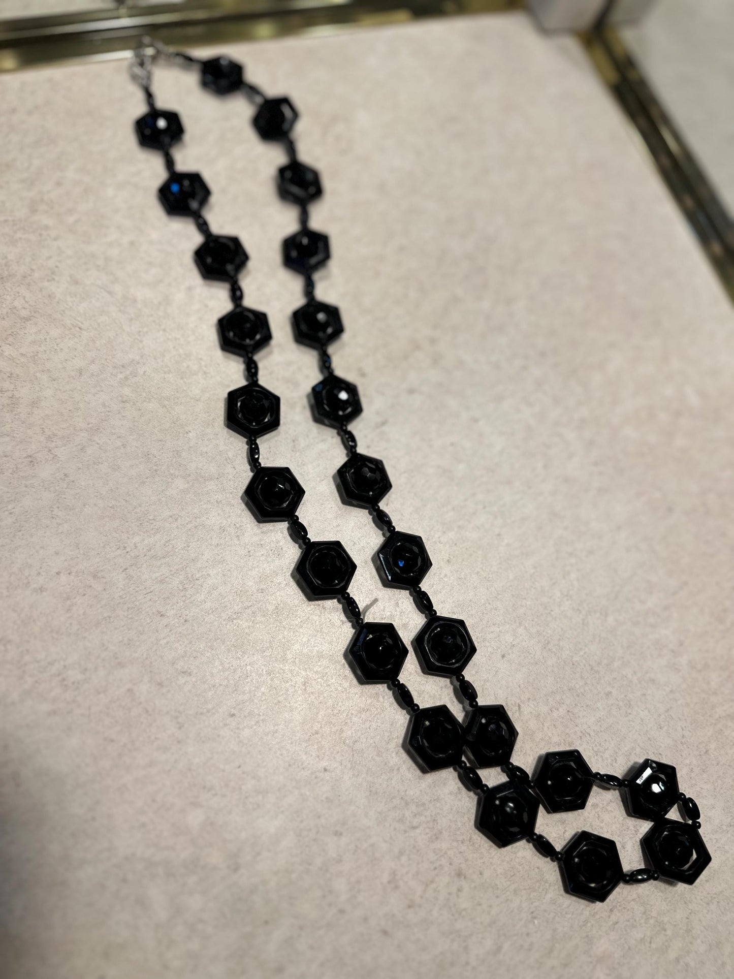 Vintage 1920's-30's Style Black Hexagonal Faceted Czech Glass Beaded Necklace
