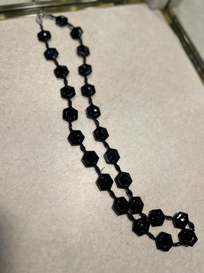 Vintage 1920's-30's Style Black Hexagonal Faceted Czech Glass Beaded Necklace