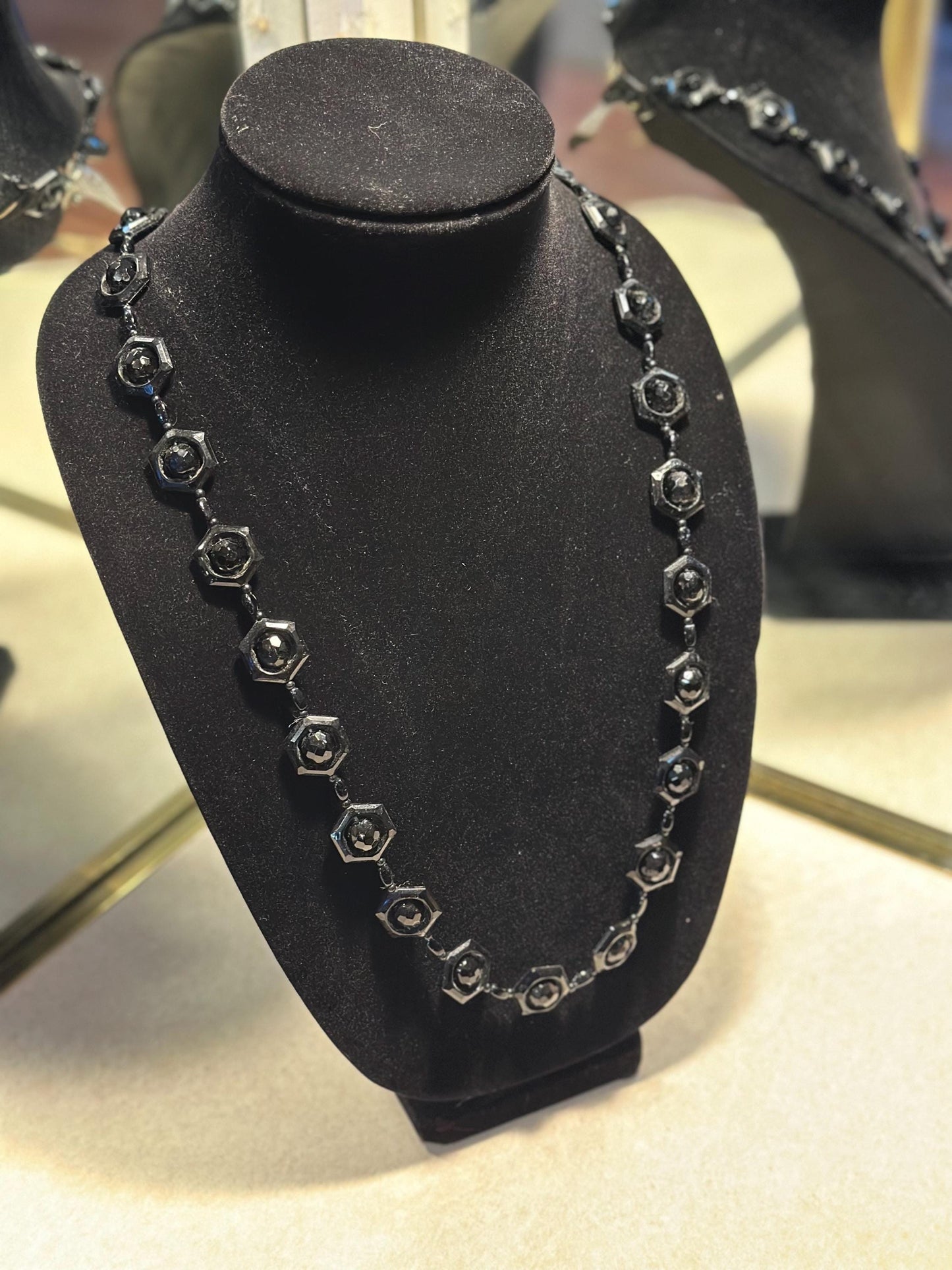 Vintage 1920's-30's Style Black Hexagonal Faceted Czech Glass Beaded Necklace