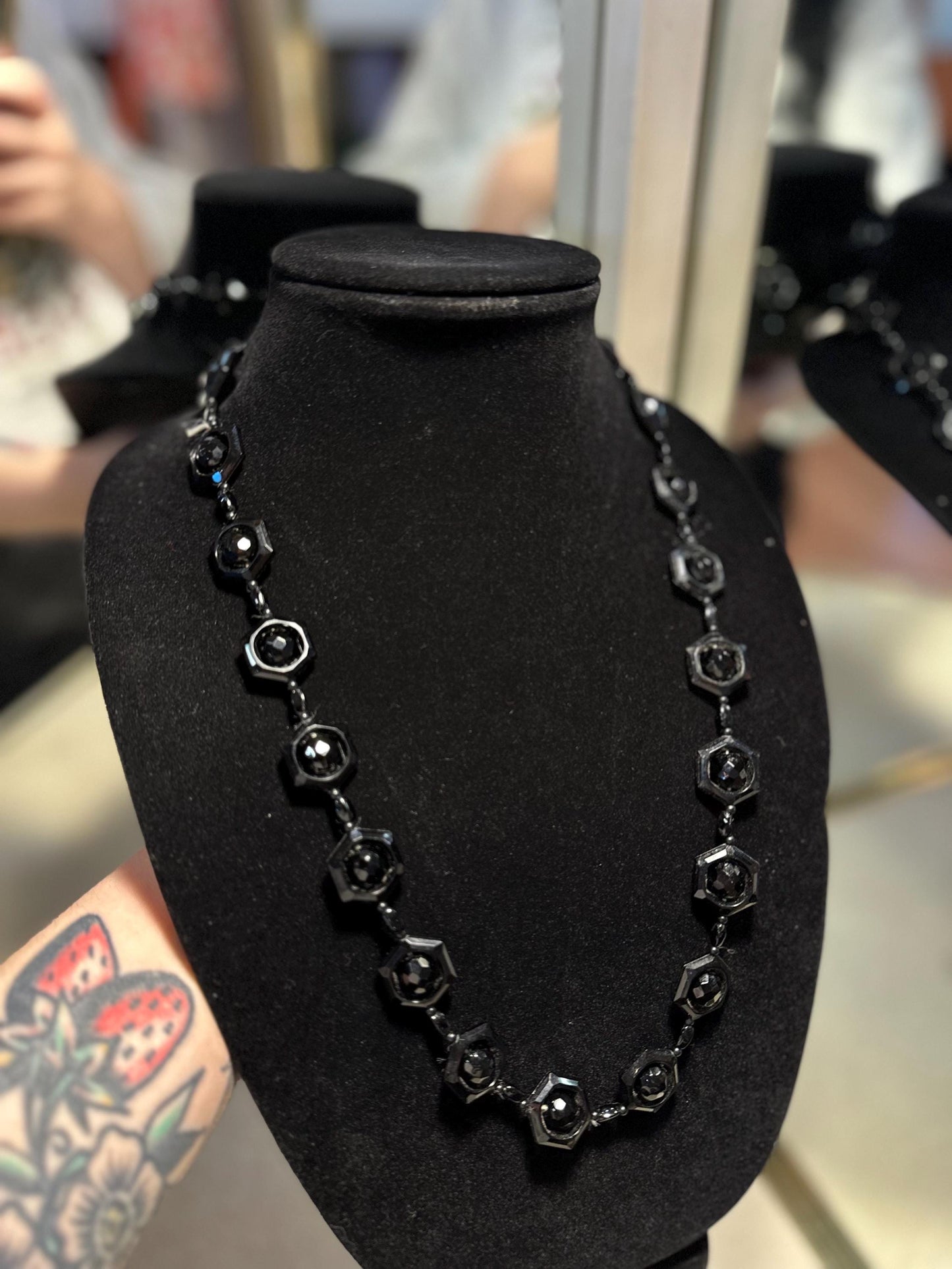 Vintage 1920's-30's Style Black Hexagonal Faceted Czech Glass Beaded Necklace