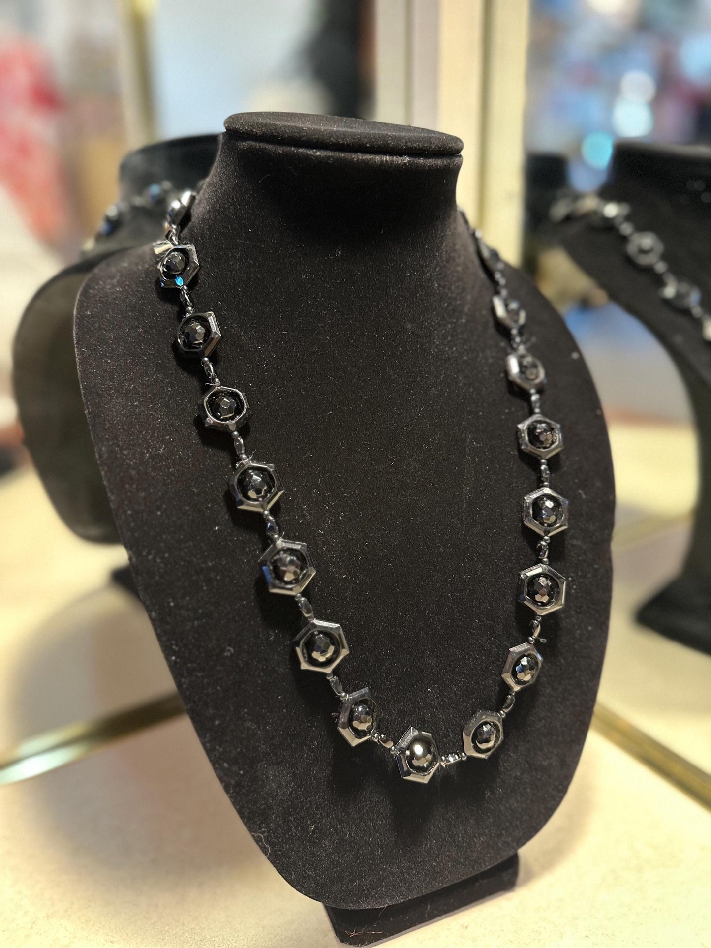 Vintage 1920's-30's Style Black Hexagonal Faceted Czech Glass Beaded Necklace