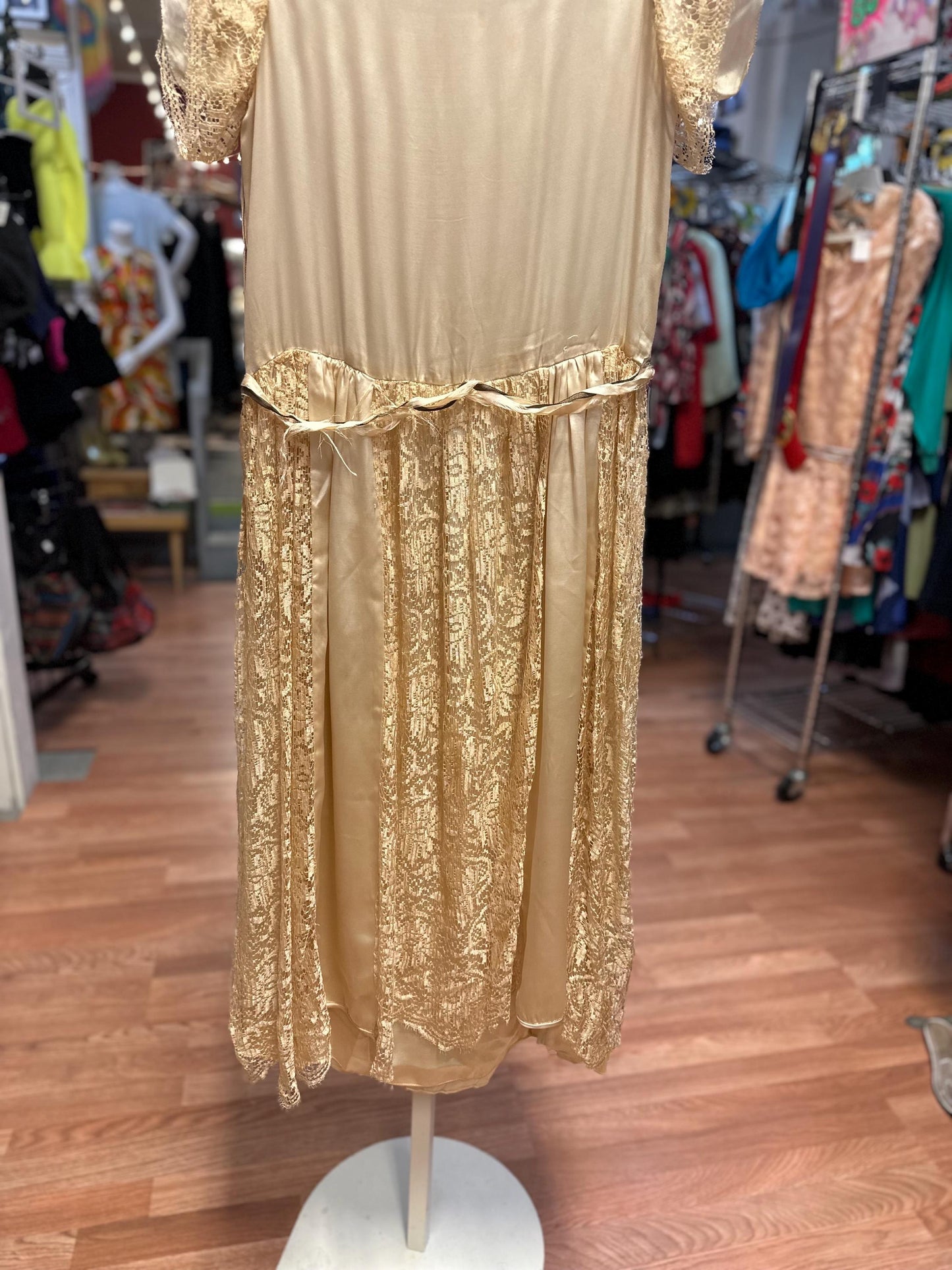 Antique Edwardian or early 1920's Vintage Silk Satin and Lace Drop Waist Flapper Wedding Dress AS IS