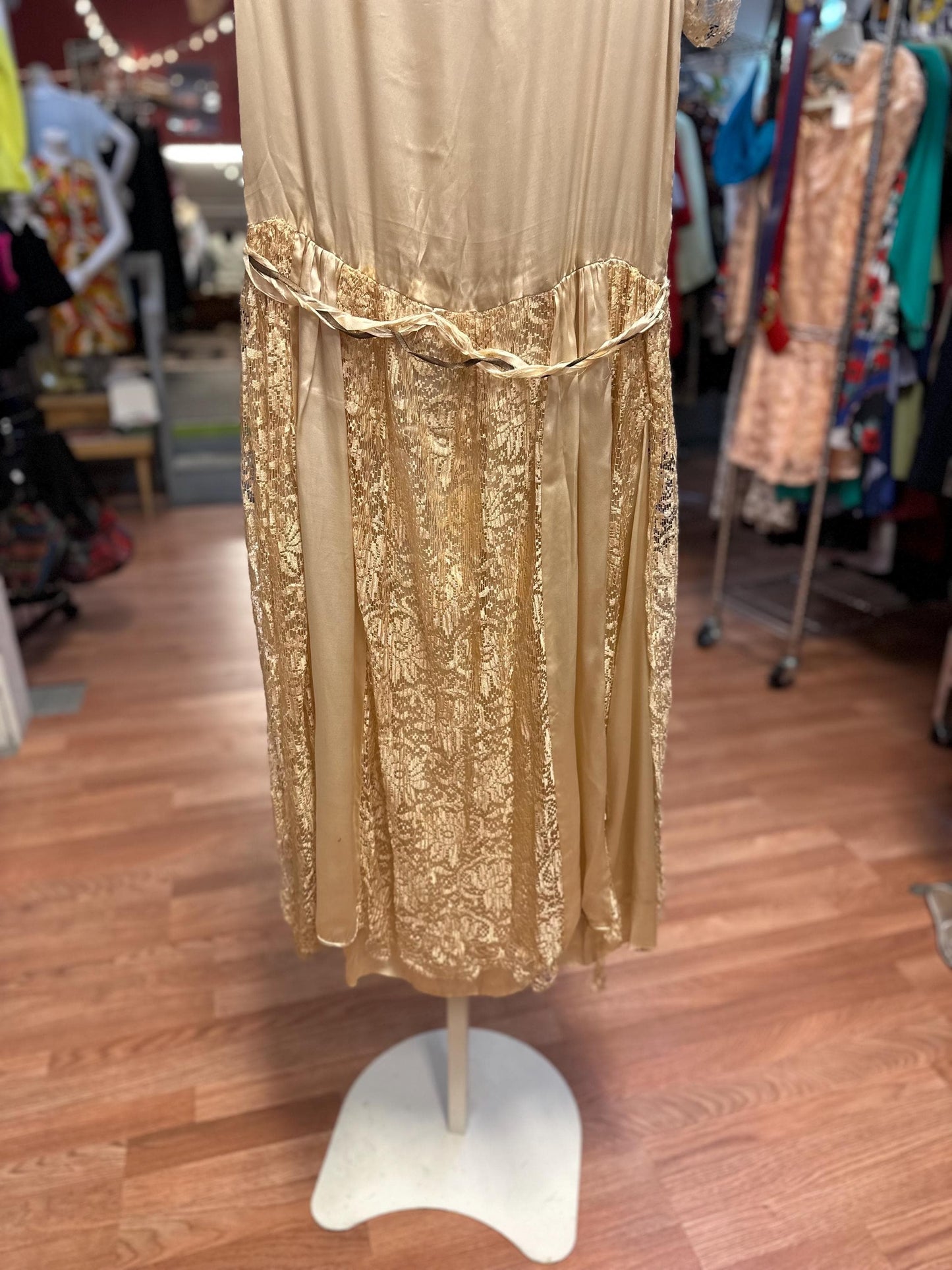 Antique Edwardian or early 1920's Vintage Silk Satin and Lace Drop Waist Flapper Wedding Dress AS IS