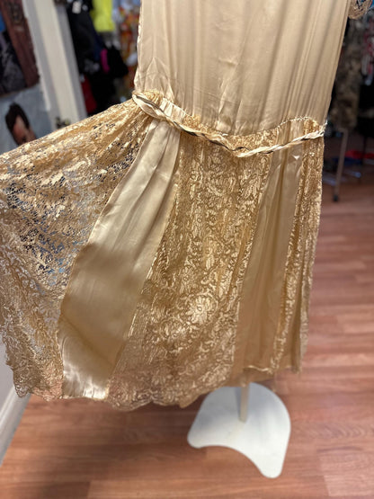 Antique Edwardian or early 1920's Vintage Silk Satin and Lace Drop Waist Flapper Wedding Dress AS IS