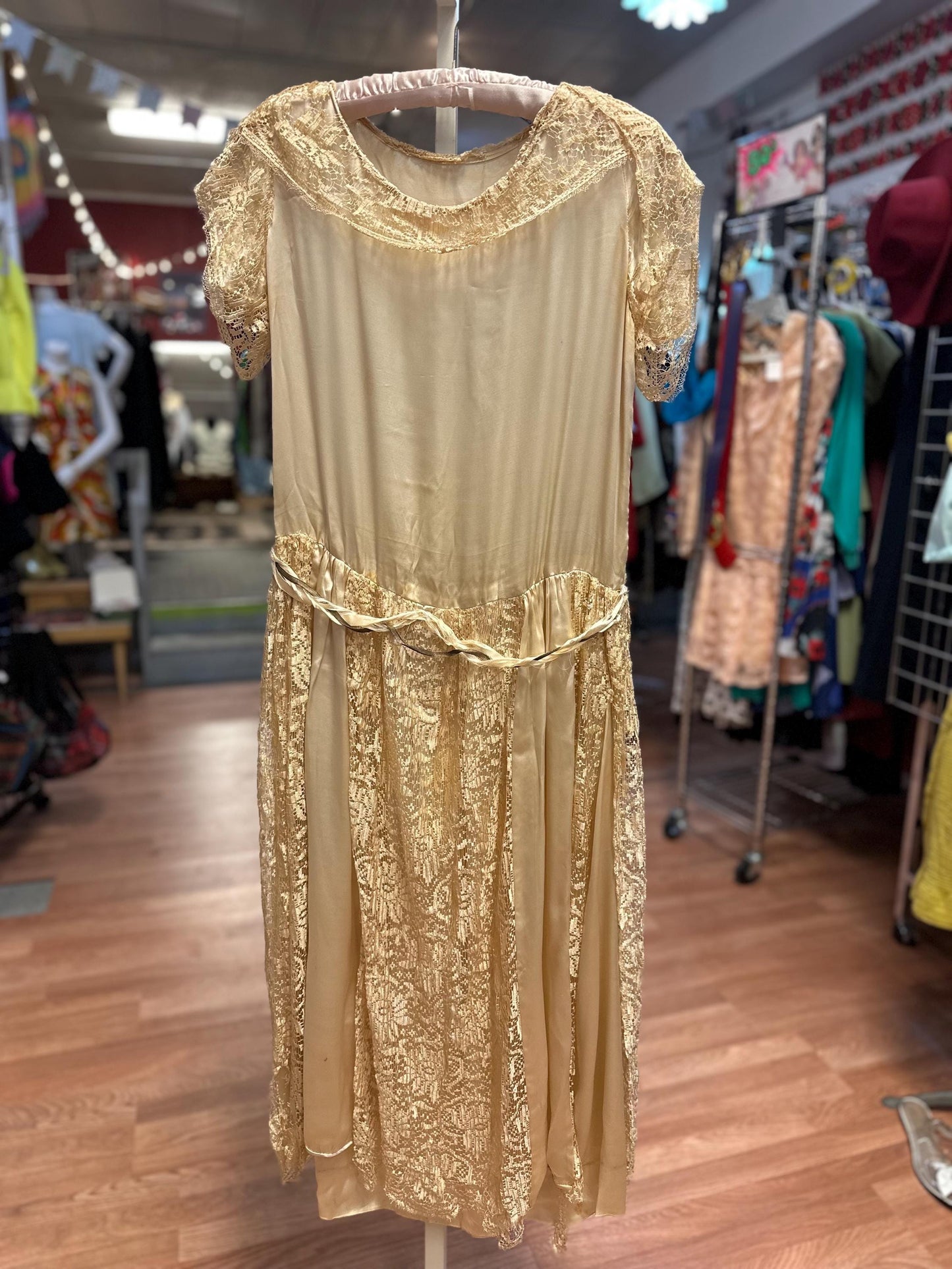 Antique Edwardian or early 1920's Vintage Silk Satin and Lace Drop Waist Flapper Wedding Dress AS IS