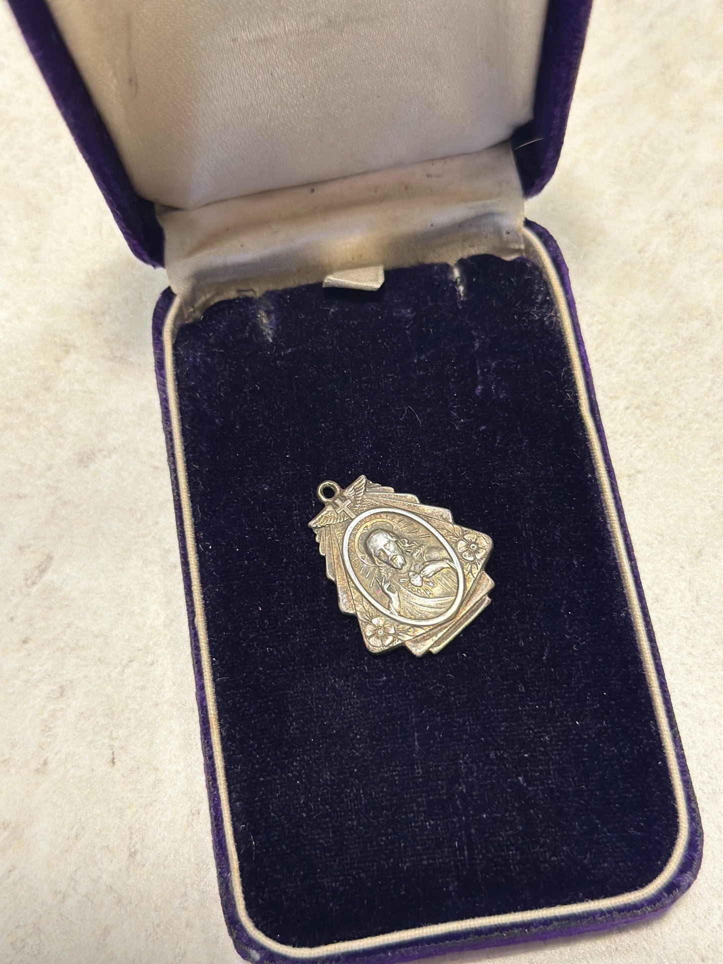 Vintage Sterling Silver Double Sided Jesus Sacred Heart Virgin Mary Pendant MCM Catholic